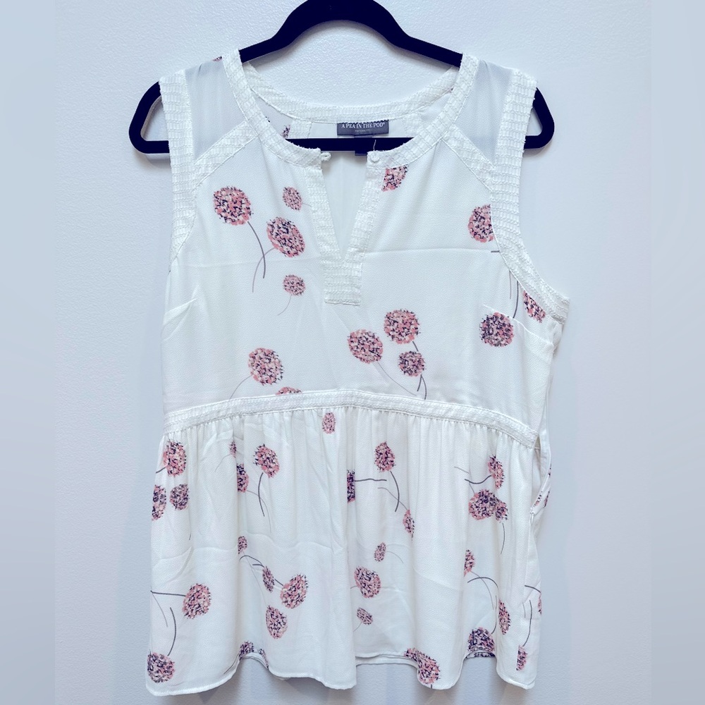 A Pea in the Pod - White Floral Sleeveless Blouse - Size Large